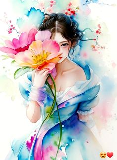 a painting of a woman with flowers in her hand and watercolors on the background