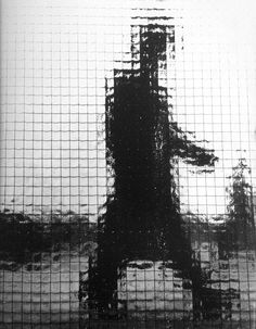 a black and white photo of a person standing in front of a netted window