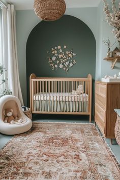 a baby's room with a crib and rug