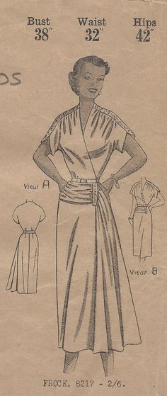 an old fashion sewing pattern for a women's dress, with short sleeves and belt