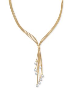 Playful elegance. A tassel adorned with cultured freshwater pearls beautifully finishes this stunning multi-strand lariat necklace. Also available in 14k rose gold over sterling silver with pink pearls. Elegant Single Strand Lariat Necklace For Formal Occasions, Elegant Single Strand Lariat Necklace For Formal Events, Elegant White Necklace From Macy's, Elegant White Necklaces By Macy's, Elegant Dangle Jewelry From Macy's, Formal Yellow Gold Lariat Necklace Fine Jewelry, Macy's Elegant Dangle Jewelry, Elegant Macy's Dangle Jewelry, Formal Lariat Necklace With Dangle In Fine Jewelry Style