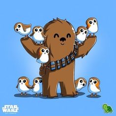 a star wars cartoon character with owls and an owl on his back, surrounded by smaller birds