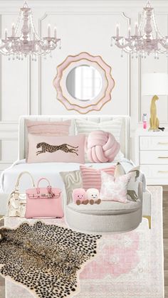 a bedroom decorated in pink, white and gold with leopard print rugs on the floor