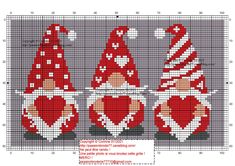 three gnomes with hearts and candy canes on their heads are shown in this cross stitch pattern