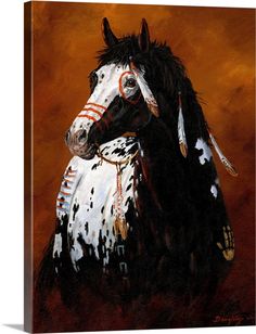 a painting of a black and white horse with feathers on it's back legs