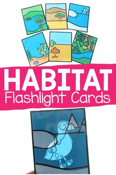 an image of habitat flash cards with the words habitat and pictures on it in pink