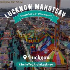 a carnival with people walking around it and the words luckow mahotsav