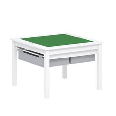 a white table with green top and drawers on the bottom, against a white background