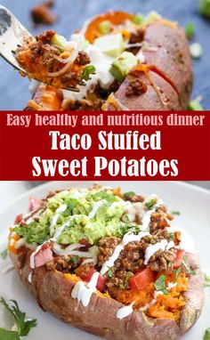 taco stuffed sweet potatoes on a white plate