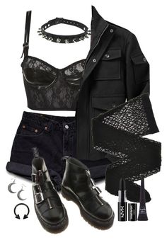 "Don't touch me please, I cannot stand the way you tease." by siennabrown ❤ liked on Polyvore featuring Levi's, Dr. Martens, Old Navy, Wolford, Maybelline, NYX, Dark, goth, alternative and tradgoth Biker Chick Outfit, Biker Outfit, Casual Outfit Inspiration, Outfits Polyvore, Dark Outfits, Gothic Outfits