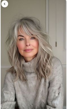 Blonde To Grey Transition, Grey Transition, Long Hair Older Women, Grey Hair With Bangs, Long Shag Haircut, Medium Hair Styles For Women, Haircuts For Medium Length Hair, Gorgeous Gray Hair, Grey Hair Inspiration