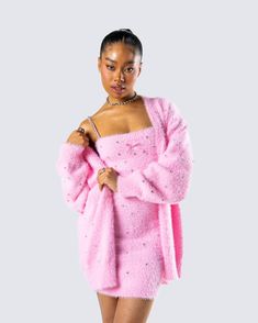 Adi Pink Fuzzy Knit Cardigan Trendy Pink Sweater For Party, Pink Sweater For Winter Party, Pink Winter Party Sweater, Glamorous Winter Cardigan, Pink Chic Cardigan For Party, Chic Pink Party Cardigan, Trendy Pink Cardigan For Party, Trendy Pink Party Cardigan, Glamorous Pink Winter Outerwear