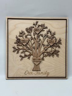 a wooden plaque with a family tree on it that says,'our family '