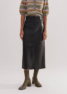 Leather Midi Skirt | ME+EM Modern Black Pencil Skirt For Spring, Versatile Black Skirt For Fall, Spring Modern Black Pencil Skirt, Leather Skirt Winter Midi, Modern Black Spring Pencil Skirt, Elegant Leather Midi Skirt, Faux Leather Lined Midi Skirt, Black Leather Midi Skirt, Brown Faux Leather Midi Skirt