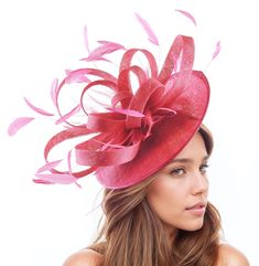 Fuchsia Saucer Disc Kentucky Derby Fascinator Hat Royal Ascot Wedding Hatinator Cocktail Formal Womens Races Tea Party Hats Custom Ladies Hats By Cressida Kentucky Derby & Ascot Fascinator Hats Fuchsia Million Dollar Sinamay & Feather Disc Fascinator Hat Beautiful fuchsia pink sinamay loops and fuchsia feathers on a sinamay base Fascinator body measures about 12 Inches wide This fuchsia pink headpiece is mounted with a matching headband. If you prefer a headband to match your hair, please make a Elegant Rose Red Fascinator For Wedding, Pink Curved Brim Fascinator For Special Event, Pink Curved Brim Fascinator For Event, Pink Curved Brim Fascinator For Events, Pink Curved Brim Boater Hat For Party, Pink Party Boater Hat With Curved Brim, Pink Boater Hat With Curved Brim For Party, Fitted Pink Boater Hat For Evening, Pink Party Fascinator With Short Brim