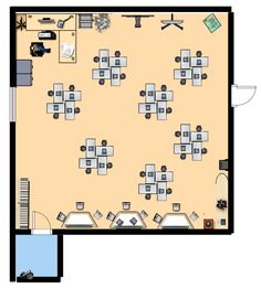 the floor plan for a restaurant with tables and chairs, an office desk, and several other seating areas