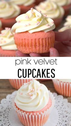 pink velvet cupcakes with white frosting and sprinkles