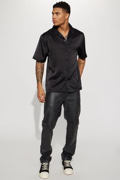 Available In Black. Fold Down Collar Front Button Closure Short Sleeve 100% Polyester Imported | Mens Links Satin Short Sleeve Button Up Shirt in Black size XL by Fashion Nova Casual Collared Shirt For Night Out, Casual Button-up Shirt For Night Out, Casual Tops With Button Closure For Night Out, Casual Tops For Night Out With Button Closure, Casual Solid Color Shirt For Night Out, Collared Tops With Button Closure For Night Out, Casual Solid Shirt For Night Out, Collared Top With Button Closure For Night Out, Collared Black Shirt For Night Out