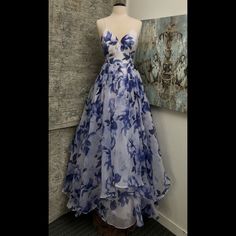 Blue Floral Blue And White Floral Dress Formal, Blue And White Wedding Dress, Blue Floral Gown, Blue Floral Dresses, Tulle Cocktail Dress, Embroidered Wedding Dress, Royal Blue Shorts, Sweater Maxi Dress, Ribbon Dress