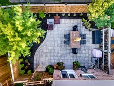 an aerial view of a patio and dining area in a home's back yard