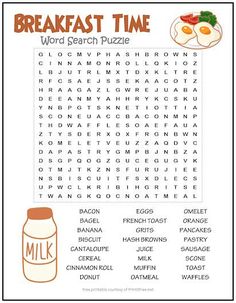 breakfast time word search puzzle for kids