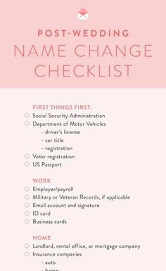 a pink poster with the words post - wedding name change checklist