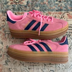 Pink And Navy Blue Adidas Gazelle Sneakers, Never Worn!! Size 6.5 Men’s Blue And Pink Adidas, Bliss Pink Gazelle Outfit, Blue And Pink Gazelle, Blue Adidas Gazelle, Navy Blue Adidas, Adidas Bold, Pink Adidas Shoes