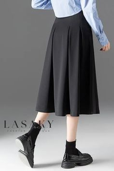 Lasaky - Classic Black High-Waisted Pleated Midi A-Line Umbrella Skirt Black A-line Bottoms For Workwear, Black A-line Lined Skirt, Black A-line Pleated Bottoms, Casual Black A-line Pleated Skirt, Non-stretch Black Skirt For Office, Non-stretch Black Office Skirt, Black Pleated Knee-length Bottoms, Black A-line Bottoms For Work, Casual Black Pleated Skirt With Elastic Waistband