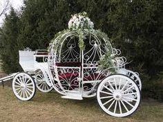 a white horse drawn carriage with flowers on the back