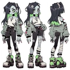 three different views of a girl with green eyes and black hair, wearing goth clothes