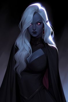 a woman with long white hair and red eyes wearing a black cape, standing in front of a dark background