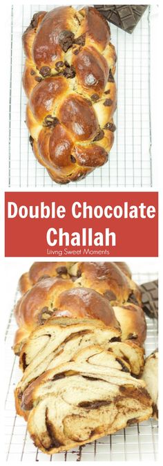 double chocolate chalaba bread on a cooling rack with text overlay that reads double chocolate challah