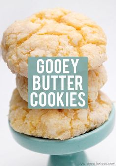 three cookies stacked on top of each other with the words gooey butter cookies above them