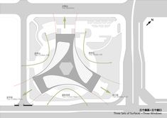 an aerial view of the intersection with arrows pointing to different locations and directions on it