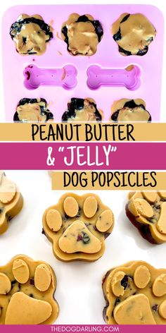 peanut butter and jelly dog popsicles in the shape of paw prints with text overlay