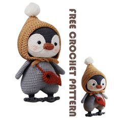 a crocheted penguin holding an umbrella next to a stuffed penguin in a knitted hat