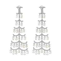 A fashionable pair of chandelier earrings showcasing a briolette cut sapphires, set in 6 rows of diamond encrusted bars made in 18k white gold. Sapphires weigh 19.00 carats total; diamonds weigh 2.17 carats total. 3 inches in length. Finely made in 18k white gold. Roman Malakov is a custom house, specializing in creating anything you can imagine. If you would like to receive a special quote on a custom piece please message or call us. Pearl Chandelier Earrings, Diamond Chandelier Earrings, Diamond Chandelier, Pearl Chandelier, White Diamond Earrings, Antique Chandelier, Antique Earrings, Sapphire Diamond, Chandelier Earrings