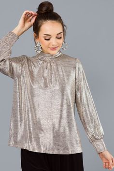 Disco Mock Neck Top, Silver :: NEW ARRIVALS :: The Blue Door Boutique Glamorous Metallic Shimmer Tops, Shiny Disco Style Top For Evening, Shiny Tops For Party Season, Chic Shiny Tops For Fall, Metallic Sheen Top For Night Out, Metallic Sheen Tops For Night Out, Metallic Top With Sheen For Night Out, Metallic Shiny Top For Party Season, Glamorous Shiny Stretch Tops