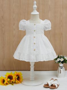 Baby Girl Eyelet Embroidery Puff Sleeve Ruffle Hem Dress White   Short Sleeve Woven Fabric Plain Fit and Flare Non-Stretch Summer Baby Girls Clothing, size features are:Bust: ,Length: ,Sleeve Length: Newborn Baby Dresses, Frocks For Babies, Baby Girls Dresses, Summer Baby Clothes, Baby Dress Design, Myanmar Dress Design, Eyelet Embroidery