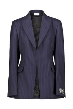 VETEMENTS blue pinstriped wool hourglass jacket, concealed hook fastening on the front, side slits on the back. GTIN code: WA65JA738N Hourglass Jacket, Gucci Pumps, Anti Fashion, New Bottega, Navy Jacket, Tailored Jacket, Navy Women, Yoga Wear, After Dark