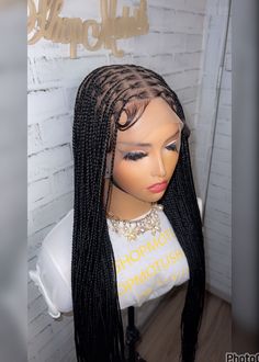 "Black is sold, only available in green & can customize your preferred color on black human hair base  After purchase during checkout , add a note of the color you prefer Wig  on white top mannequin  Transparent full lace mini knotless  black braid wig (no wig cap)  Wig on yellow top mannequin  Transparent  full lace small knotless black braid wig in color green  (no wig cap)  Ready to ship  30\"  length  Color  just as picture shows  Lace type: Full lace wig   Hair type: BASE  hair is  transpar Braided Wigs Styles, Black Women Lace Front Wigs, Full Lace Braided Wig, Knotless Braided Wig, Braids Dreadlocks, Distressed Locs, Braided Wigs For Black Women, Box Braids Wig, Small Knotless