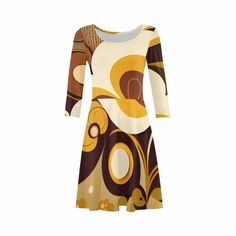 Kate McEnroe New York Groovy 60s Mid Mod 3/4 Sleeve SundressDressesDG1548363DXH774D Retro Fitted Midi Dress, Fitted Retro Midi Dress, Retro Fitted Mini Dress For Fall, Retro A-line Midi Dress For Fall, Fitted Retro Mini Dress For Fall, Retro Stretch Dresses For Fall, Retro Fit And Flare Midi Dress, Fitted Yellow Dress With Retro Print, Fall Dresses With Retro Print