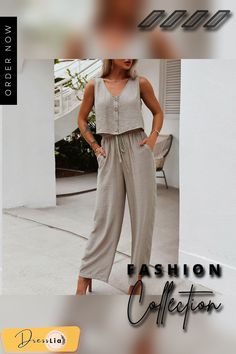 Sleeveless V Neck Button Top with Pants Set Sleeveless Buttoned Sets For Summer, Sleeveless Summer Sets With Buttons, Casual Sleeveless Set For Day Out, Casual Sleeveless Sets With Pockets, Sleeveless Jumpsuit With Buttons For Day Out, Sleeveless Casual Jumpsuits And Rompers With Buttons, Casual Sleeveless Jumpsuits And Rompers With Buttons, Sleeveless Cotton Jumpsuit With Buttons, Button Top