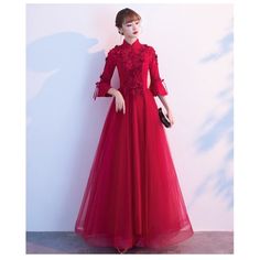 traditional chinese clothing traditional chinese dress Fashion Floor Length Tulle Lace Traditional Chinese Red Dress With Sequines Flower Zipper Back Long Sleeve Retro Standing Collar New Arrival Chinese Dress Fashion