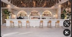 an image of a bar with stools in front of it and palm trees hanging from the ceiling