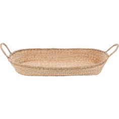 an oval woven tray with handles on the bottom, and two handles at the top