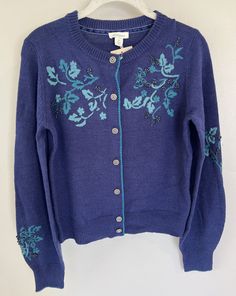 Blue Embroidered Sweater For Fall, Embroidered Blue Sweater For Fall, Blue Embroidered Winter Sweater, Betty Cardigan, Sundance Catalog, Cozy Cardigan, Crochet Trim, Hand Crochet, Drinkware