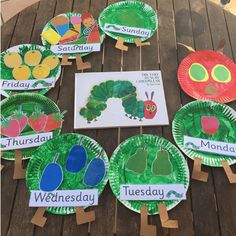 the very hungry caterpillars are on paper plates with their name tags attached to them