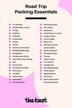 the road trip packing essentials list is shown with pink and white circles around it