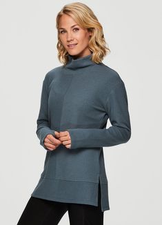 Blue-Green Mock Neck Sweatshirt, Cowl Neck Tunic, Tunic Hoodie, Cowl Neck Sweatshirt, Tunic Sweatshirt, Scoop Neck Tee, Long Sleeve Tee Shirts, Cowl Neck Sweater, Tunic Length